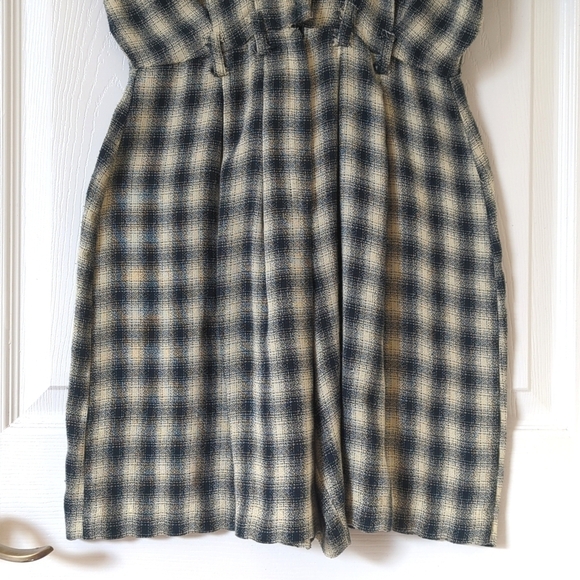 Be Smart 80's Vintage Classic Plaid Short Sleeve Wide Leg Romper Navy Cream 3/4 - Picture 10 of 16
